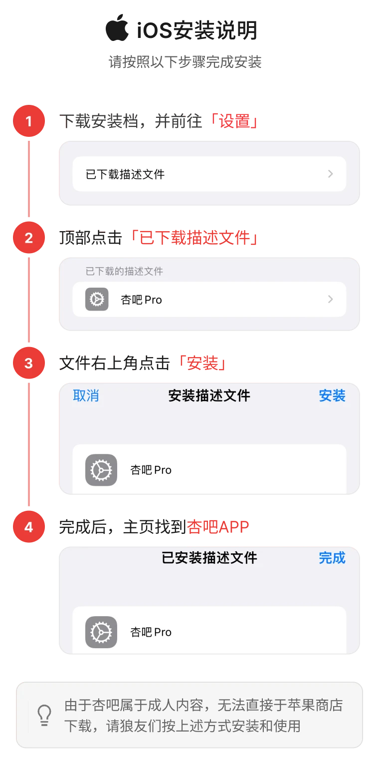 iOS安装说明：下载描述文件后前往设置，点击已下载描述文件并完成安装